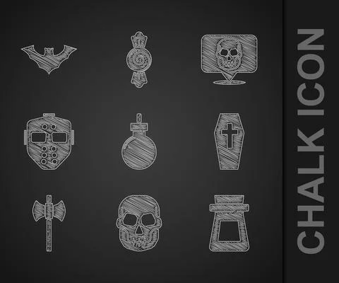 Set Bomb ready to explode, Skull, Bottle with potion, Coffin cross, Wooden axe Stock Illustration