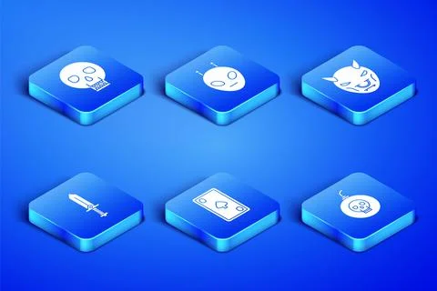 Set Bomb ready to explode, Skull, Playing card with diamonds, Sword for game Illustrazione stock