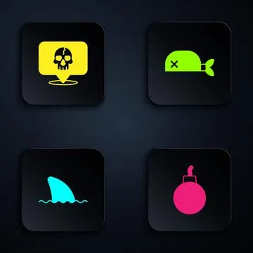Set Bomb ready to explode, Skull, Shark fin in ocean wave and Pirate bandana  Stock Illustration