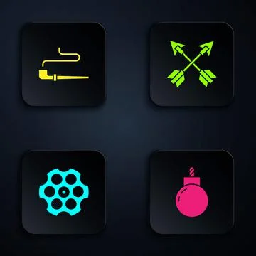 Set Bomb ready to explode, Smoking pipe, Revolver cylinder and Crossed arrows 스톡 일러스트