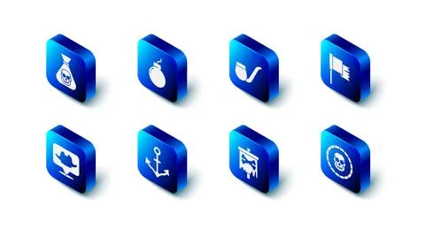 Set Bomb ready to explode, Smoking pipe, Pirate flag, coin, Anchor, Location 스톡 일러스트