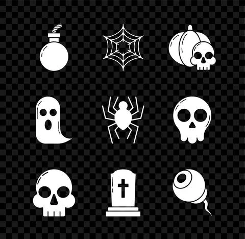 Set Bomb ready to explode, Spider web, Pumpkin and skull, Skull, Tombstone with Stock Illustration