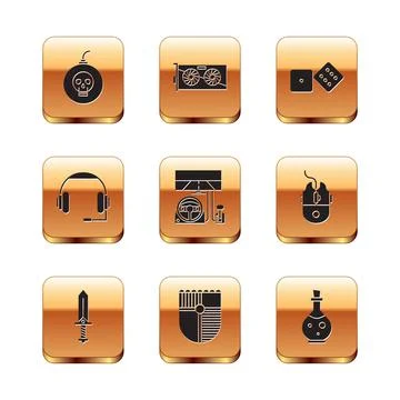 Set Bomb ready to explode, Sword for game, Shield, Racing simulator cockpit 스톡 일러스트