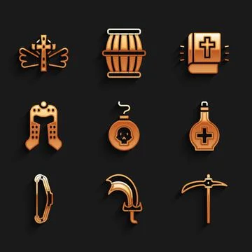 Set Bomb ready to explode, Sword for game, Pickaxe, Bottle with potion, Medieval 스톡 일러스트