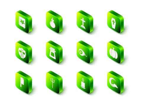 Set Bomb ready to explode, Tombstone with cross, Coffin, Pumpkin, Moon and stars Stock Illustration