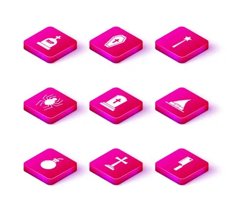 Set Bomb ready to explode, Tombstone with cross, Spider, Meat chopper, Witch hat Stock Illustration