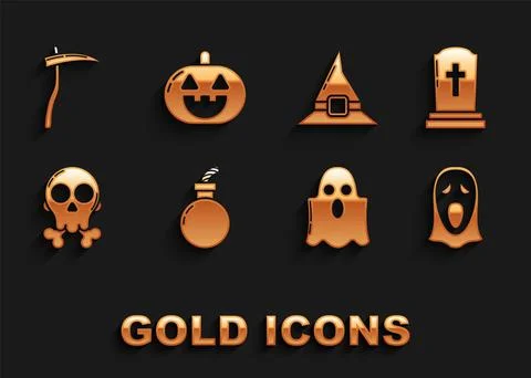 Set Bomb ready to explode, Tombstone with cross, Funny and scary ghost mask for Stock Illustration