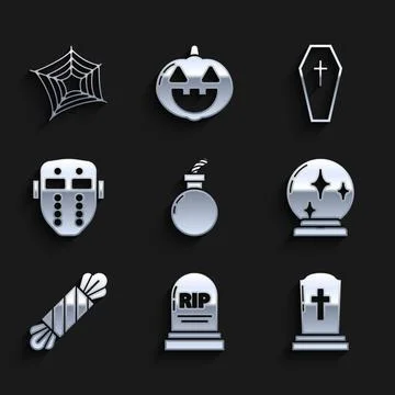 Set Bomb ready to explode, Tombstone with RIP, cross, Magic ball, Candy, Hockey Stock Illustration