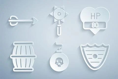 Set Bomb ready to explode, Video game bar, Gun powder barrel, Shield, Medieval イラスト素材