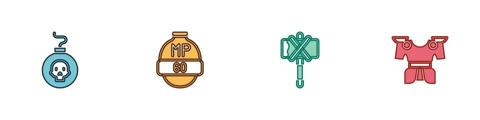 Set Bomb ready to explode, Video game bar, Medieval axe and Body armor icon Stock Illustration