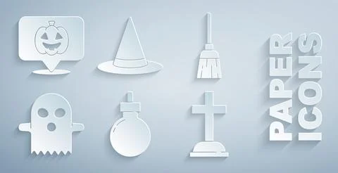 Set Bomb ready to explode, Witches broom, Ghost, Tombstone with cross, hat and Illustrazione stock