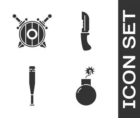 Set Bomb ready to explode, Wooden shield with crossed swords, Baseball bat and 스톡 일러스트