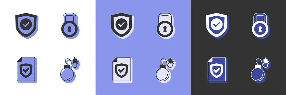 Set Bomb, Shield with check mark, Contract shield and Lock icon. Vector Stock Illustration