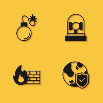 Set Bomb, Shield with world globe, Firewall, security wall and Ringing alarm Ilustración de archivo