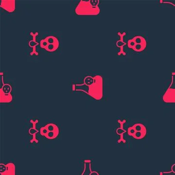 Set Bones and skull and Beaker with toxic liquid on seamless pattern. Vector Illustrazione stock
