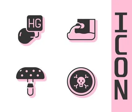 Set Bones and skull, Drop of mercury, Fly agaric mushroom and Wastewater ic.. Stock Illustration