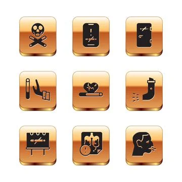 Set Bones and skull, No smoking, Disease lungs, Heart disease with, Giving up Ilustração Stock