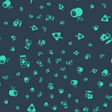 Set Bones and skull Poison apple Antidote and flower on seamless pattern. Vec Illustrazione stock