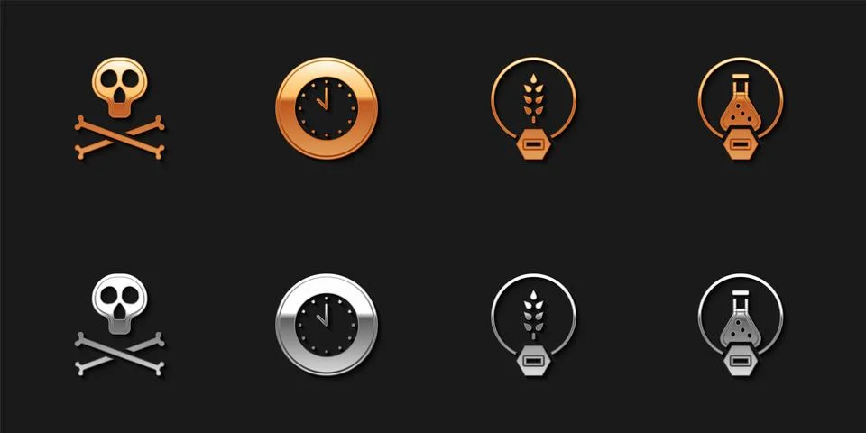 Set Bones and skull warning, Clock, Gluten free grain and Test tube flask icon 스톡 일러스트