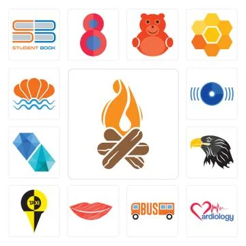 Set of bonfire, cardiology, , lip, eagle head, diamond, disk, sea shell icons Free Stock Illustration