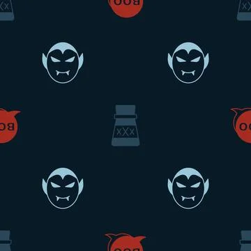 Set Boo speech bubble, Bottle with potion and Vampire on seamless pattern Stock Illustration