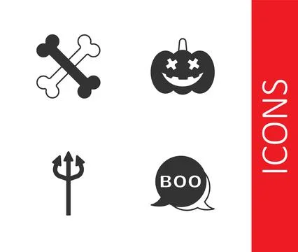 Set Boo speech bubble, Crossed bones, Trident devil and Pumpkin icon. Vector 스톡 일러스트