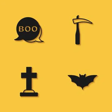 Set Boo speech bubble, Flying bat, Tombstone with cross and Scythe icon with Stock Illustration