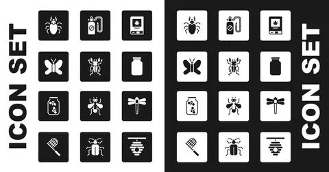 Set Book about insect, Beetle deer, Butterfly, Glass jar, Pressure sprayer Ilustración de archivo