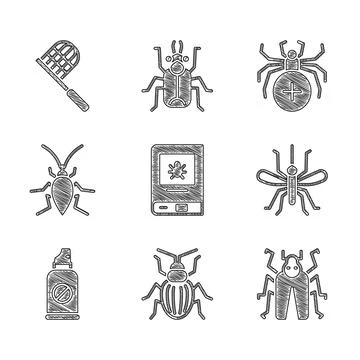 Set Book about insect, Chafer beetle, Beetle bug, Mosquito, Spray against Stock Illustration