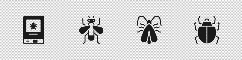 Set Book about insect, Insect fly, Clothes moth and Mite icon. Vector Stock Illustration