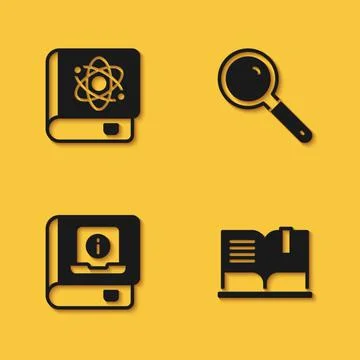 Set Book about physics, Open book, User manual and Magnifying glass icon with Stock Illustration