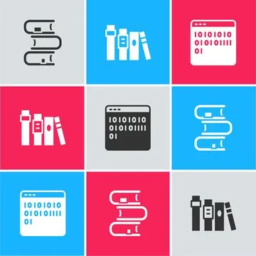 Set Book, and Binary code icon. Vector Illustrazione stock