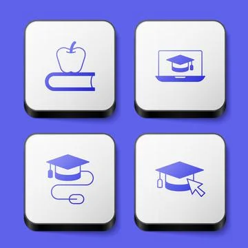 Set Book with apple, Graduation cap on laptop, mouse and cursor icon. White Stock Illustration
