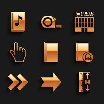 Set Book, Arrow, Measuring height and length, Audio book, Pixel hand cursor Stock-Illustration