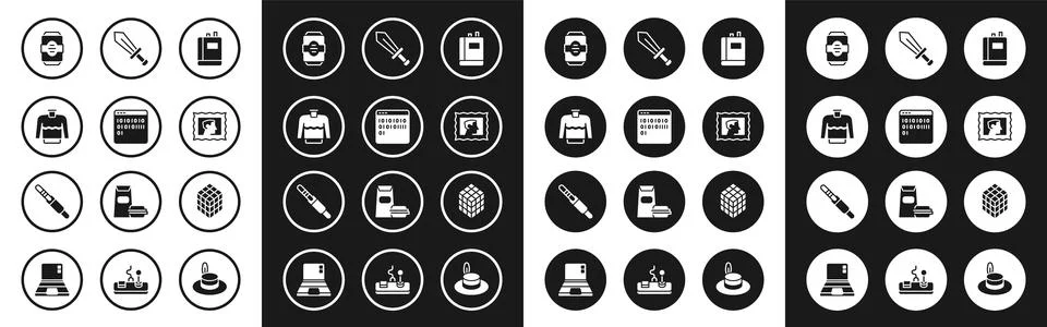 Set Book, Binary code, Sweater, Energy drink, Postal stamp, Sword for game,.. Stock Illustration