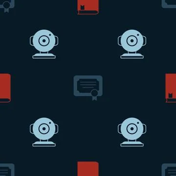 Set Book, Certificate template and Web camera on seamless pattern. Vector Illustrazione stock