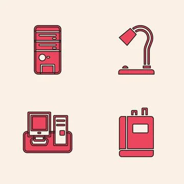 Set Book, Computer, Table lamp and Monitor with keyboard icon. Vector イラスト素材