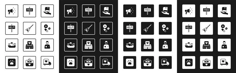 Set Book donation, Mop, Help sign, Megaphone, Medicine pill or tablet, Free Stock Illustration