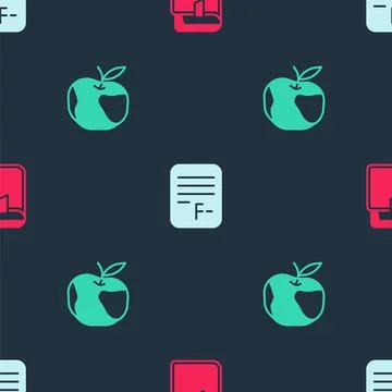 Set Book, Exam paper with incorrect answers and Apple on seamless pattern 스톡 일러스트