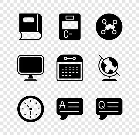 Set Book, Exam paper with incorrect answers, Chemical formula, Clock, Speech Stock Illustration