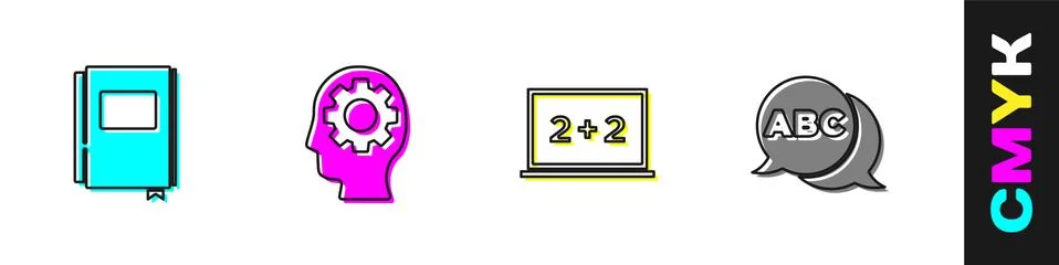 Set Book, Head with gear inside, Chalkboard and Alphabet icon. Vector Illustrazione stock