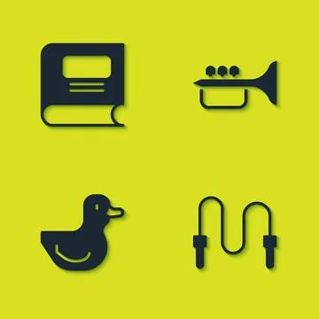 Set Book, Jump rope, Rubber duck and Trumpet icon. Vector Stock Illustration