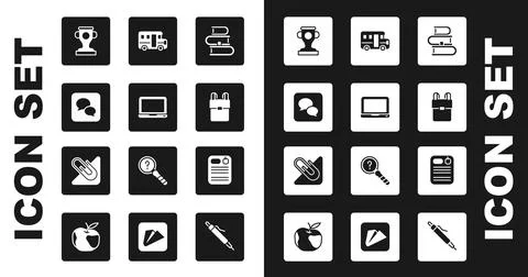 Set Book, Laptop, Speech bubble chat, Award cup, School backpack, Bus, Dossier Stock Illustration