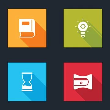 Set Book, Light bulb, Old hourglass and Pencil sharpener icon. Vector Stock Illustration