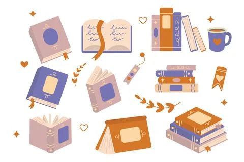 Set for book lovers.Various books, stack of books. Stock Illustration