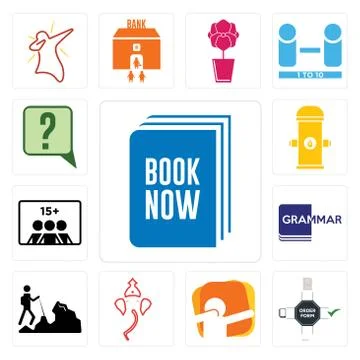 Set of book now, order form, dab, ganesh, hiker, grammar, number players, fir Illustrazione stock gratuita