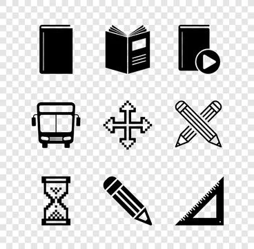 Set Book, Open book, Audio, Hourglass pixel, Pencil, Triangular ruler, Bus .. Stock Illustration