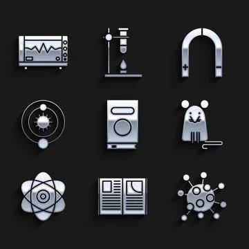 Set Book, Open book, Bacteria, Rat, Atom, Solar system, Magnet and Computer Illustrazione stock