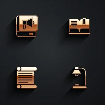 Set Book, Open book, Decree, parchment, scroll and Table lamp icon with long Stock Illustration