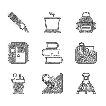 Set Book, Paper clip, Test tube and flask, Document folder with, Pencil case Stock Illustration